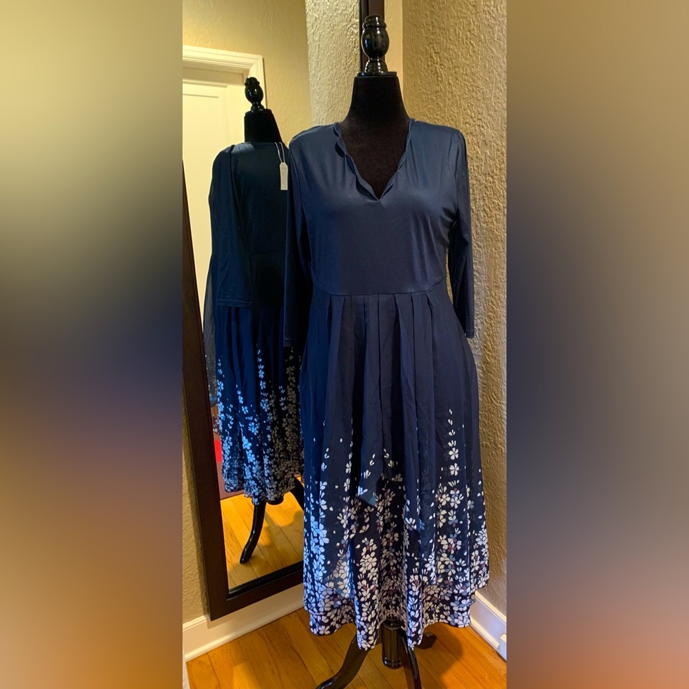 Navy long sleeve A-line midi dress ~ size XL